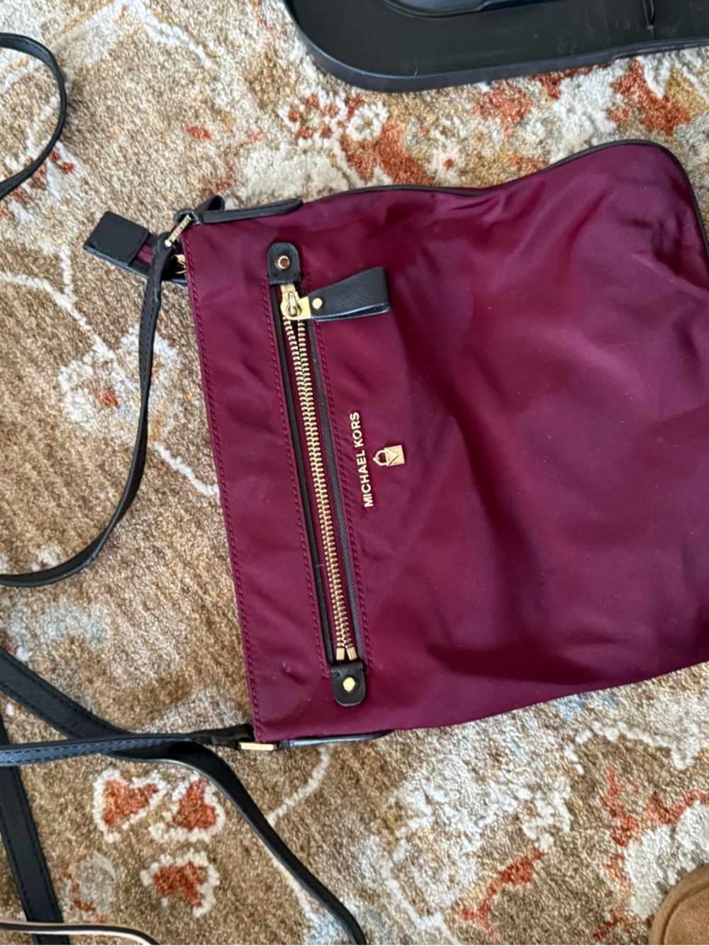 Michael Kors Wine Nylon Crossbody with Black Strap and Gold Hardware